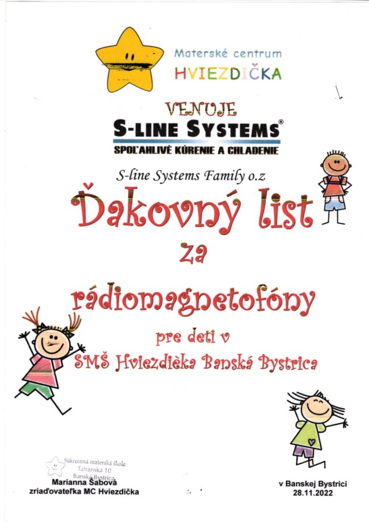 Ďakovný list S-Line Systems Family - Materské centrum HVIEZDIČKA