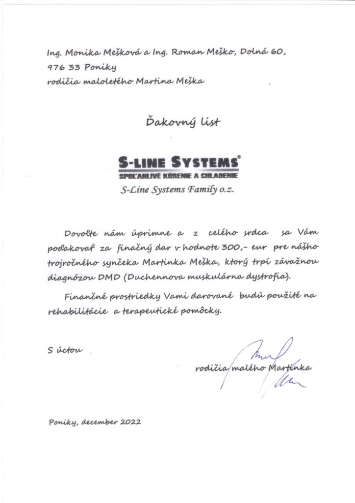 Ďakovný list S-Line Systems Family - Meškovci
