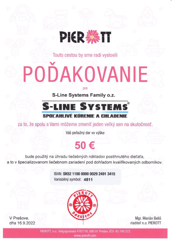 Ďakovný list S-Line Systems Family - PIEROTT